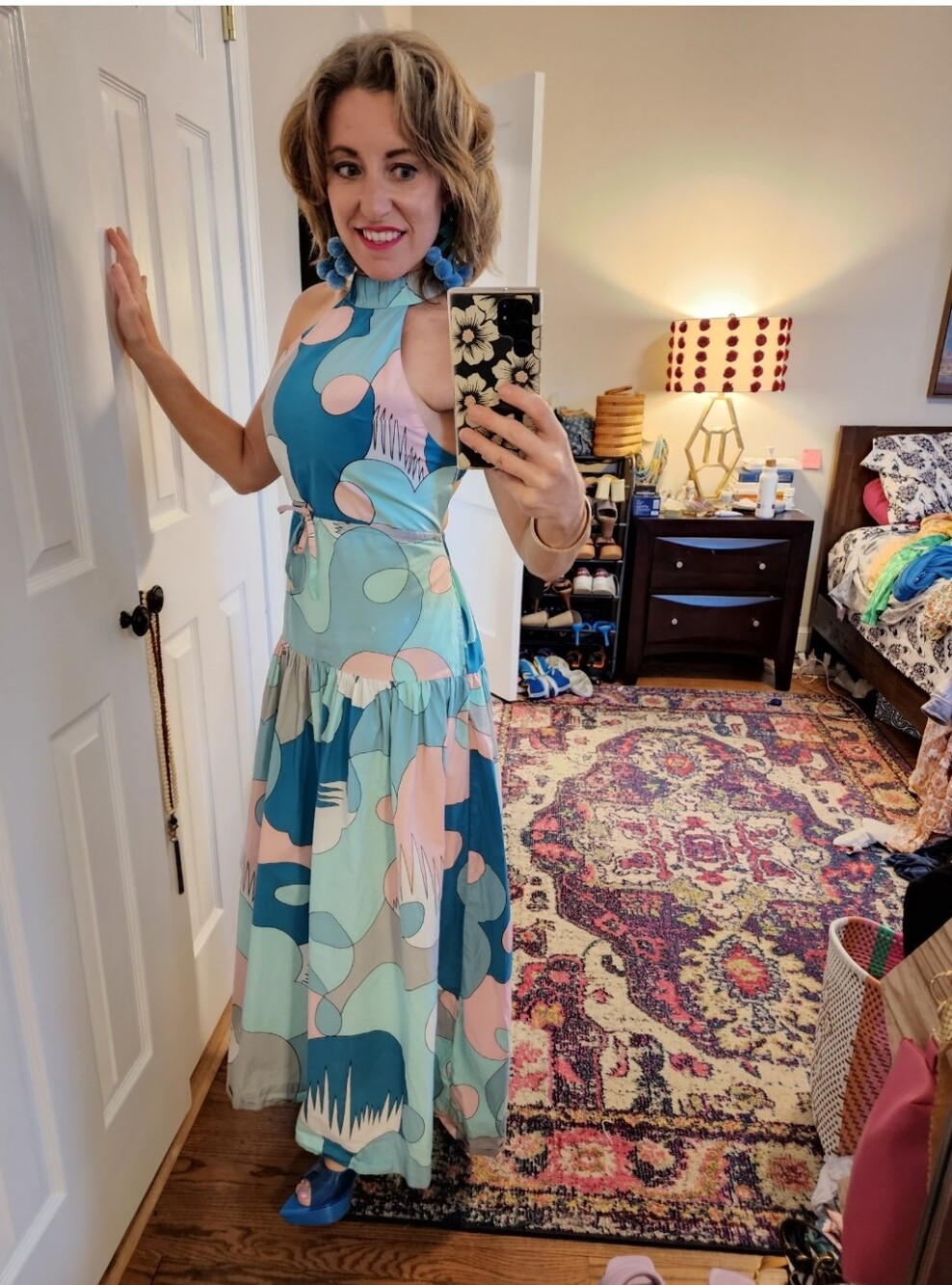 SWF From Anthropologie Halter Maxi Dress in Pastel Aqua Print Size Xs